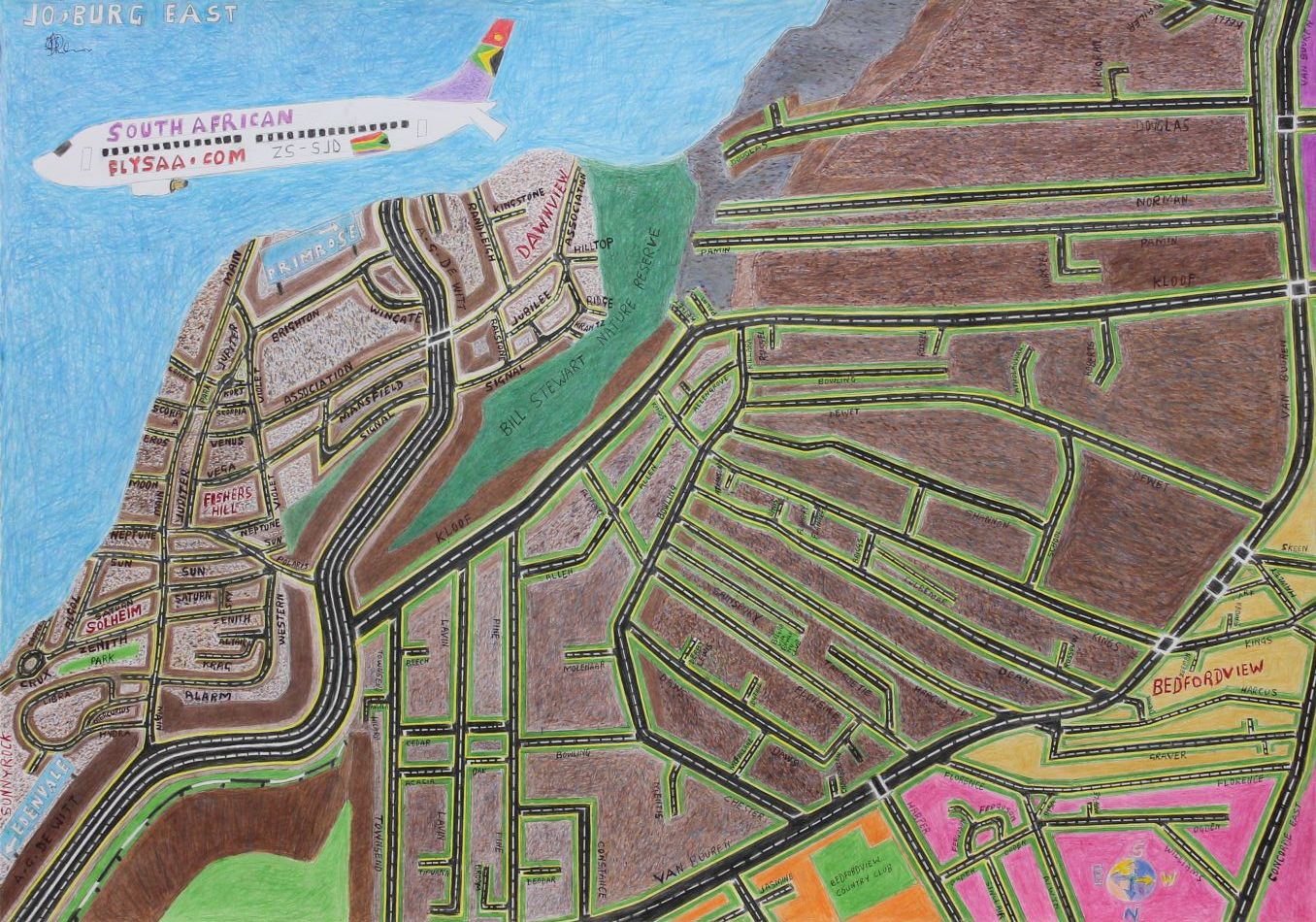 Click the image for a view of: Jo'burg East. 2013. Colour pencil on paper. 860X710mm